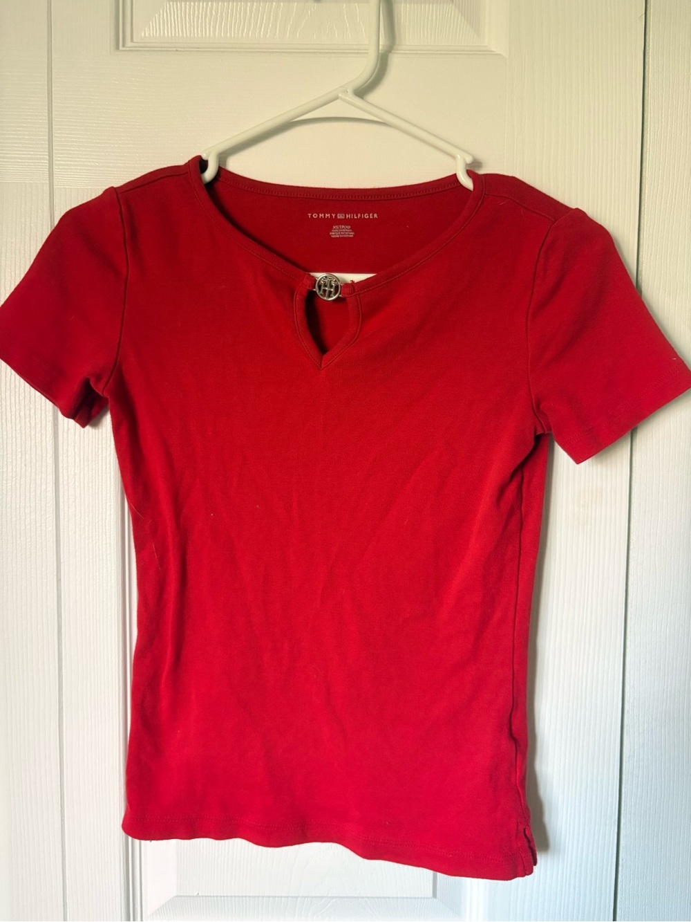 Tommy Hilfiger Bright Red Short Sleeve Tee with Decorative Button